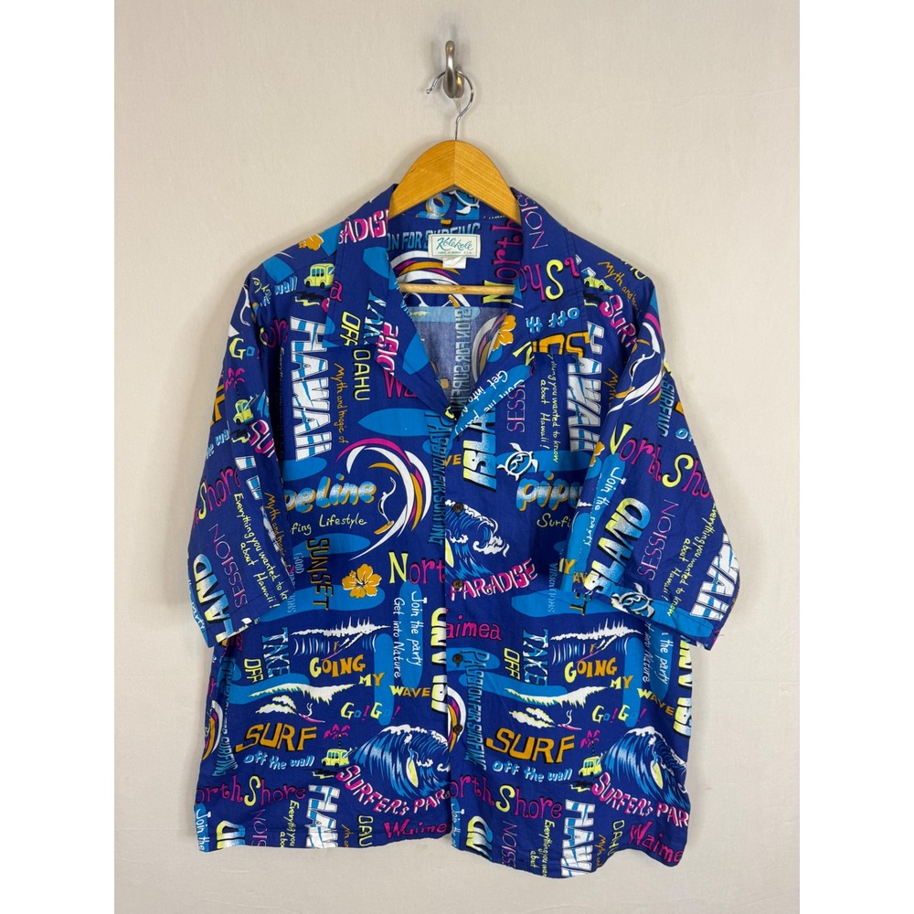Kolekole Vintage 80s Hawaiian Shirt Blue Surf Graphic Cotton Mens 3X Made in USA